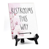 Restrooms This Way (Right Arrow) Table Sign with Easel, Floral Vine Design (6 x 8")