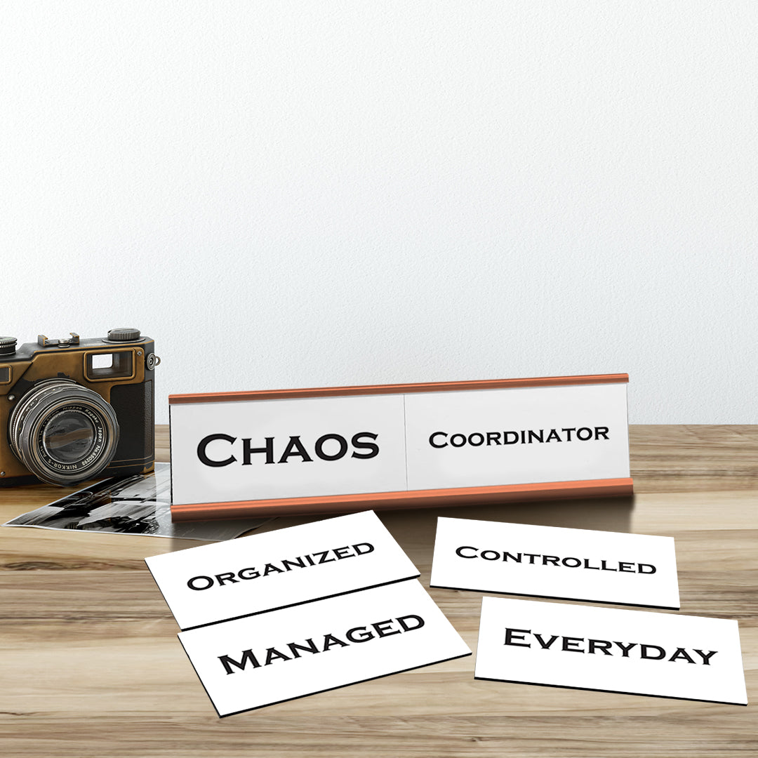 Chaos Coordinator Word Play Nameplate, Rose Gold Desk Sign, Novelty Gift Nameplate, 6 Interchangeable Tiles (2 x 8")