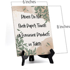 Please Do Not Flush Paper Towels Or Feminine Products In Toilets Table Sign with Green Leaves Design (6 x 8")