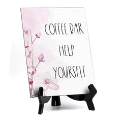 Coffee Bar Help Yourself Table Sign with Easel, Floral Vine Design (6 x 8")