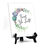 Treat Yo Self Table Sign with Easel, Floral Crescent Design (6 x 8")