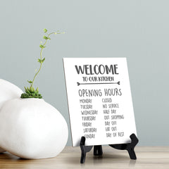 Welcome To Our Kitchen Grey / White Table Sign with Easel Stand, 6" x 8"