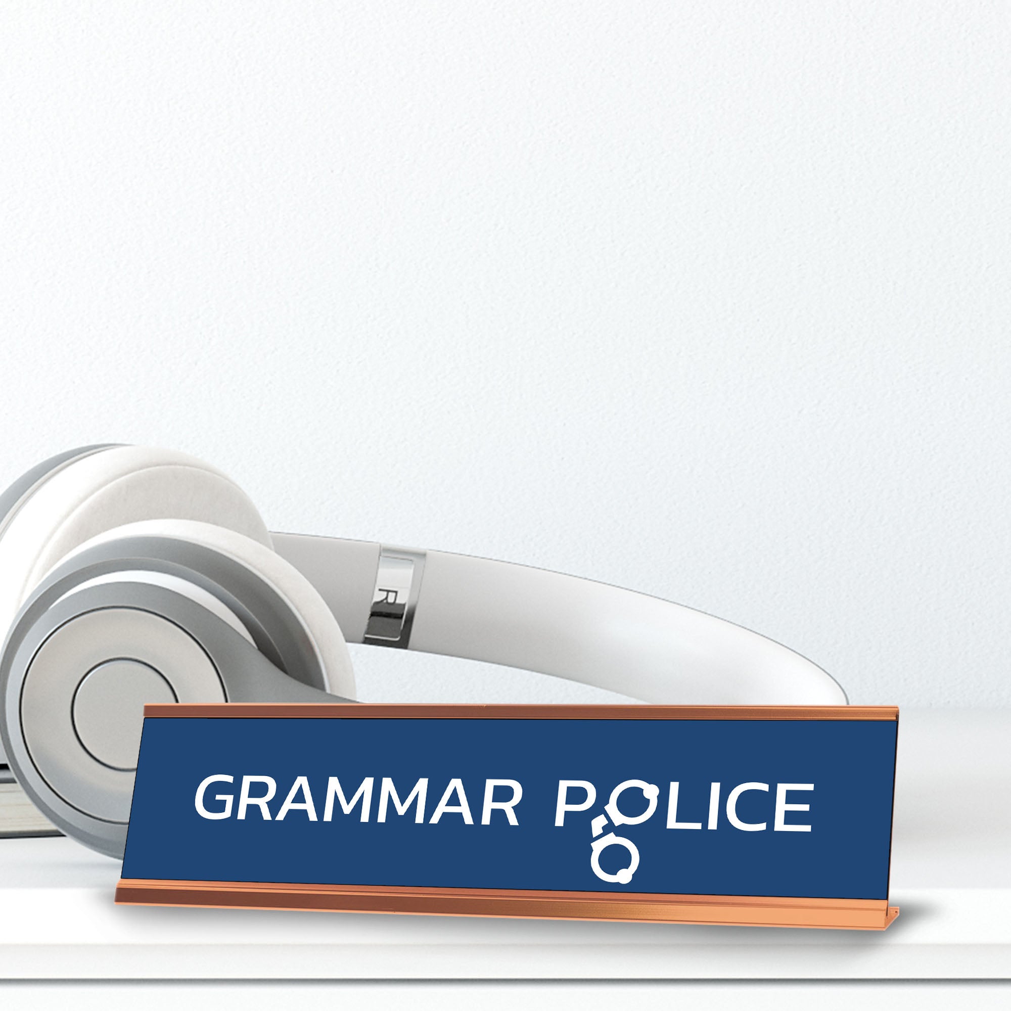 Grammar Police Hand Cuffs, Gold Frame, Desk Sign (2x8¨)