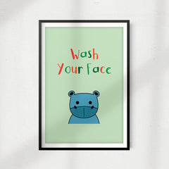 Wash Your Face Cute Hippo UNFRAMED Print Kids Bathroom Wall Art