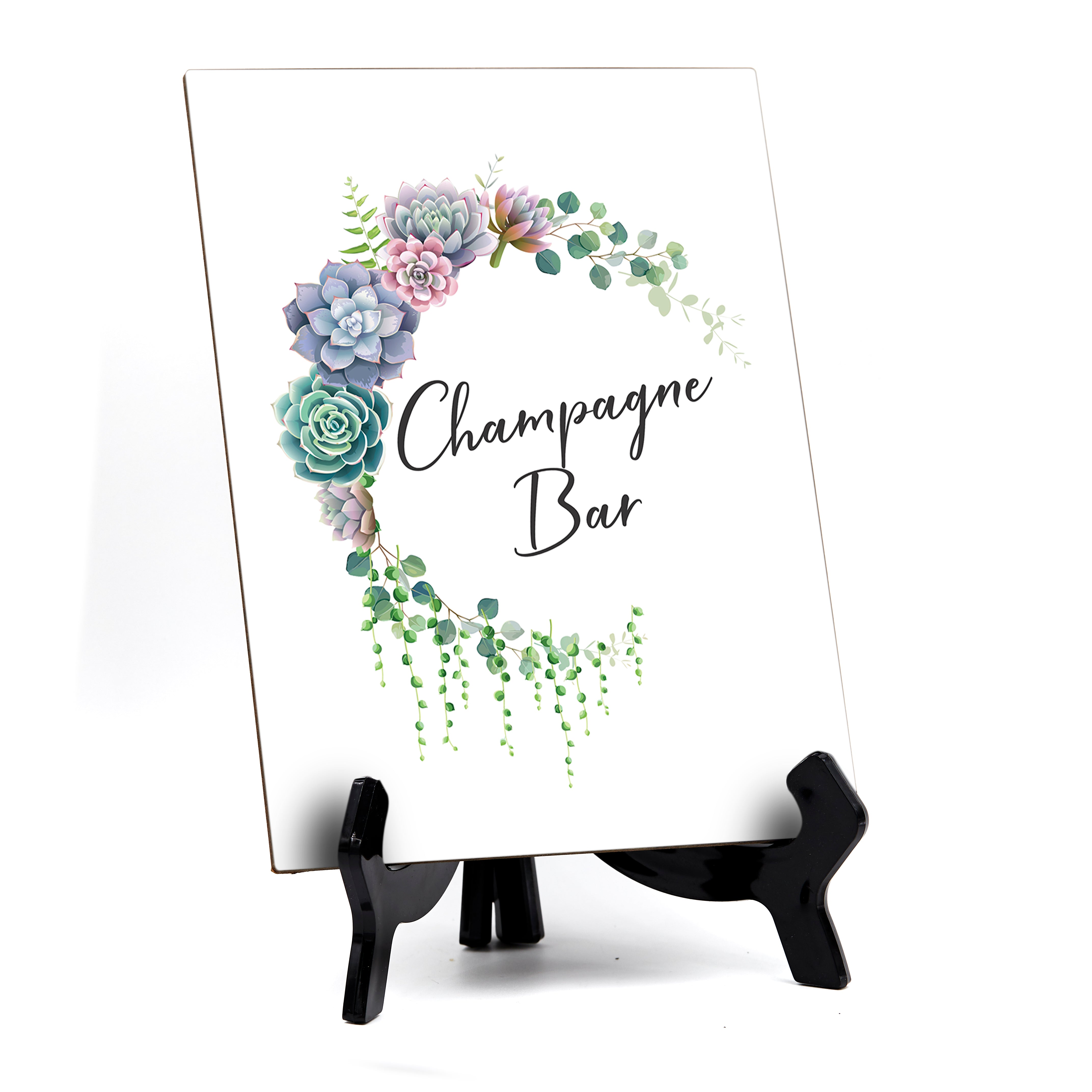 Champagne Bar Table Sign with Easel, Floral Crescent Design (6" x 8")