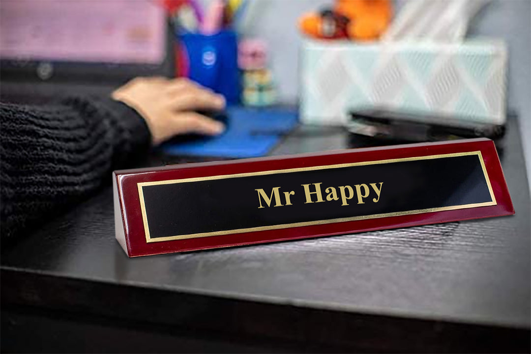 Piano Finished Rosewood Novelty Engraved Desk Name Plate 'Mr Happy', 2" x 8", Black/Gold Plate