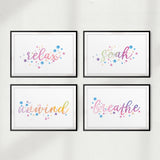 Relax, Soak, Unwind, Breathe (Pack of 4) UNFRAMED Print Home Décor, Quote Wall Art
