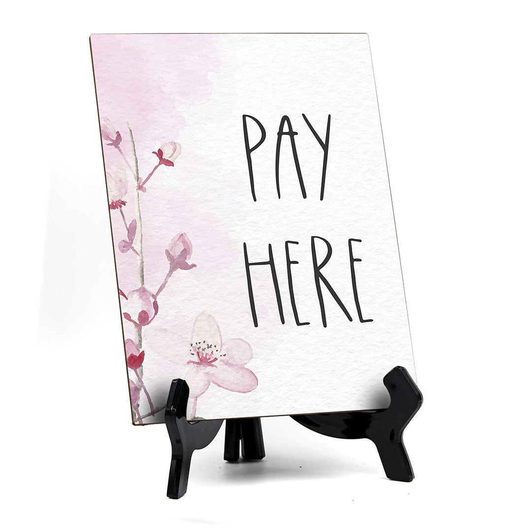 Pay Here Table Sign with Easel, Floral Vine Design (6 x 8")