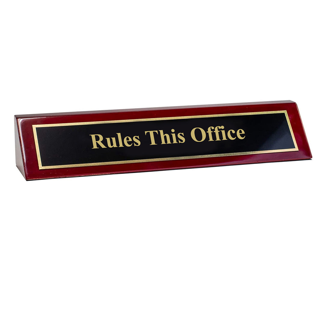 Piano Finished Rosewood Novelty Engraved Desk Name Plate 'Rules This Office', 2" x 8", Black/Gold Plate