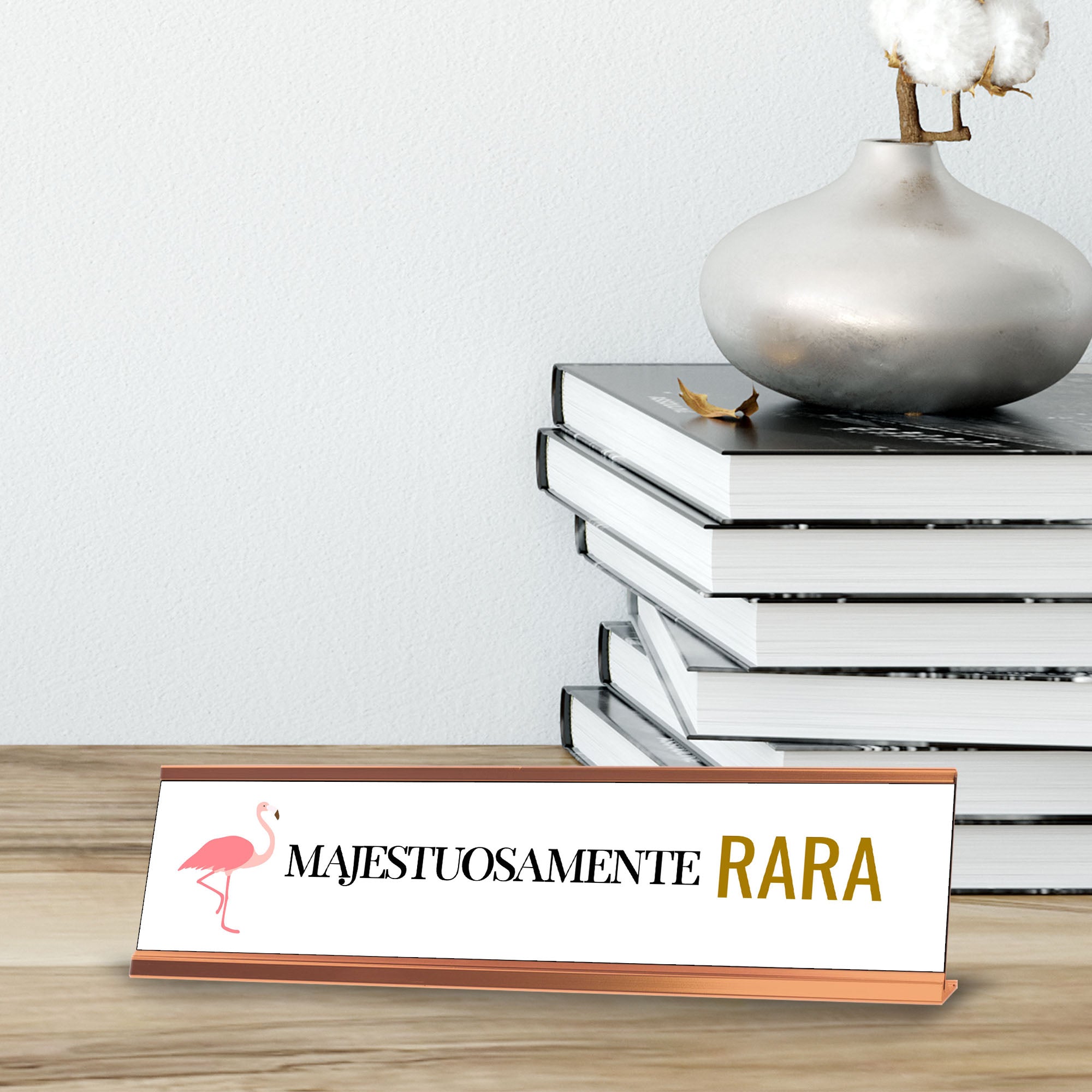Majestuosamente Rara, Flamingo Gold Frame Desk Sign (2 x 8")