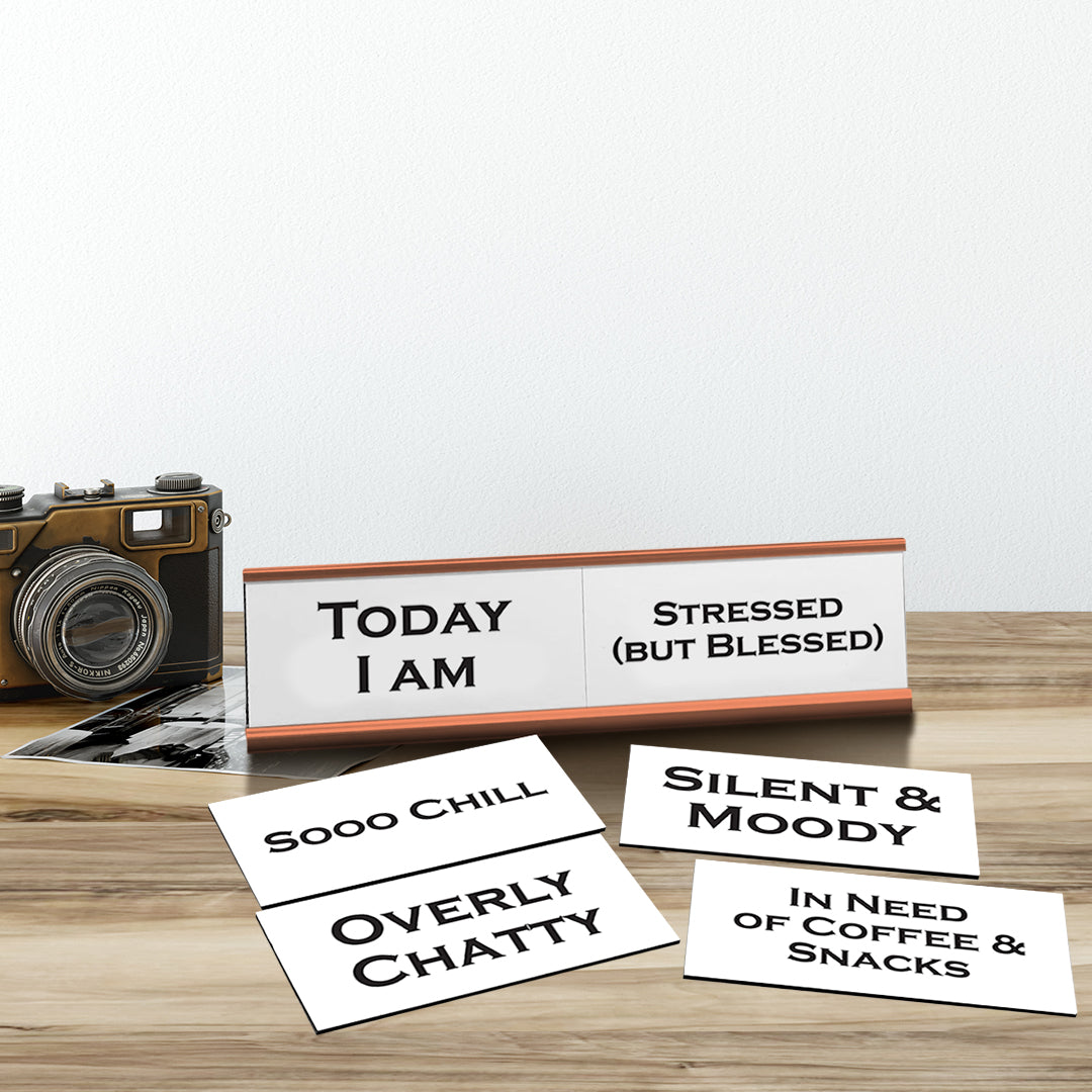 Today I am, Mood Meter Word Play Nameplate, Rose Gold Desk Sign, Novelty Gift Nameplate, 6 Interchangeable Tiles (2 x 8")