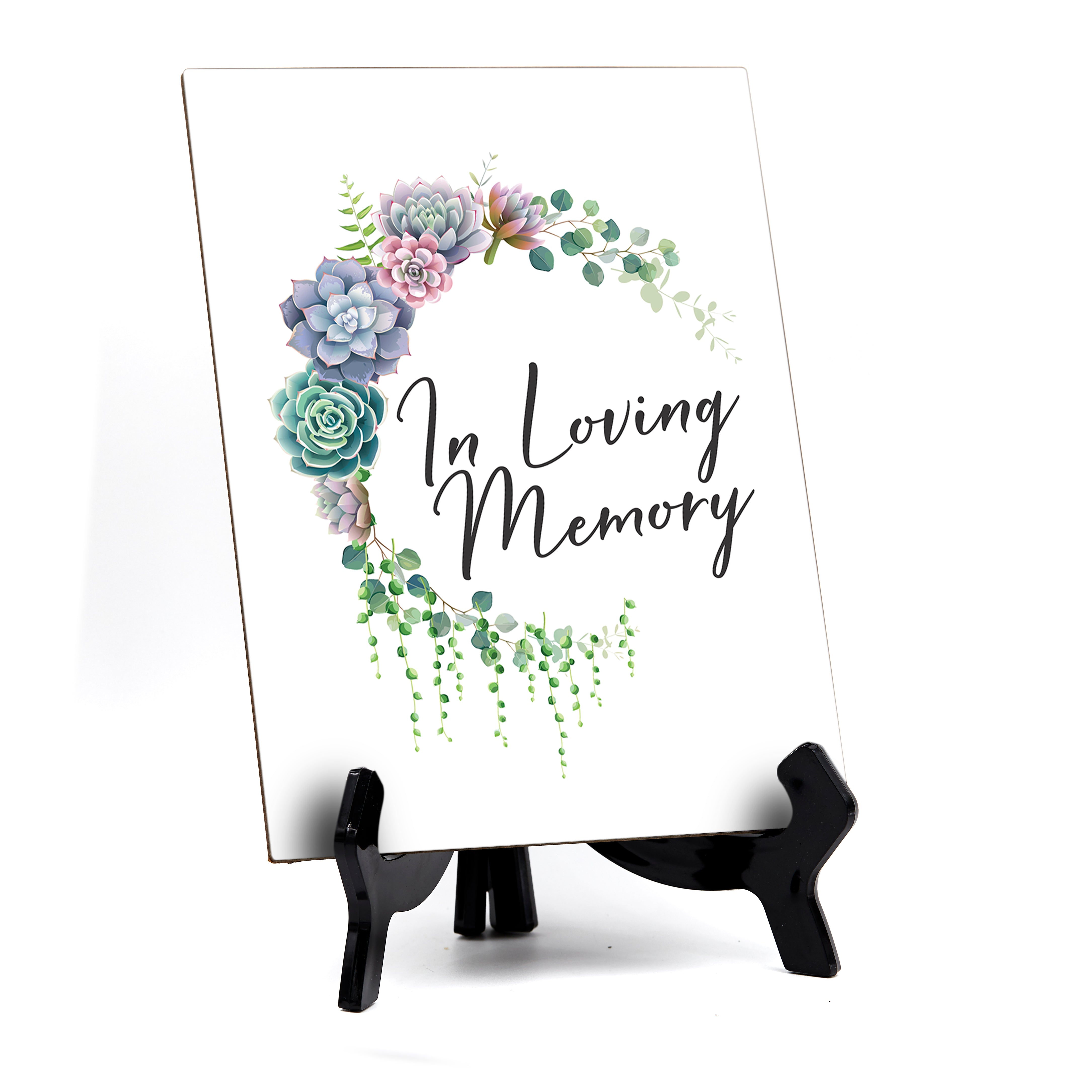 In Loving Memory Sign with Easel, Floral Crescent Design (6" x 8")