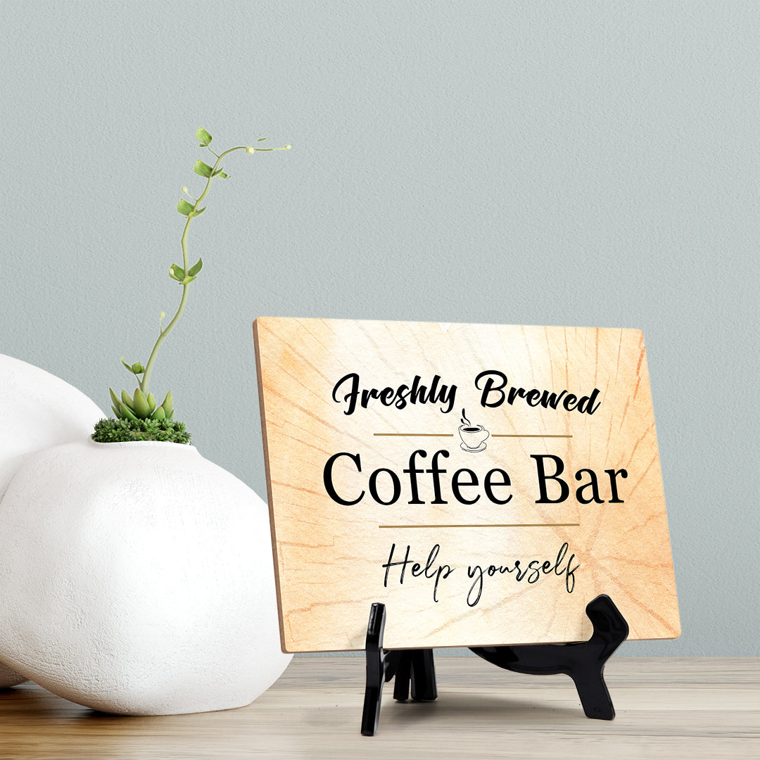 Freshly Brewed Coffee Bar Help Yourself Table or Counter Sign with Easel Stand, 6" x 8"