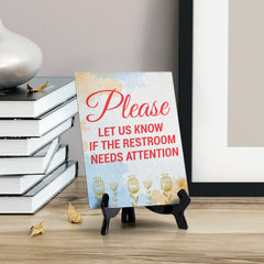 Signs ByLita Please Let Us Know if The Restroom Needs Attention, Blue Watercolor Table Sign (6 x 8")