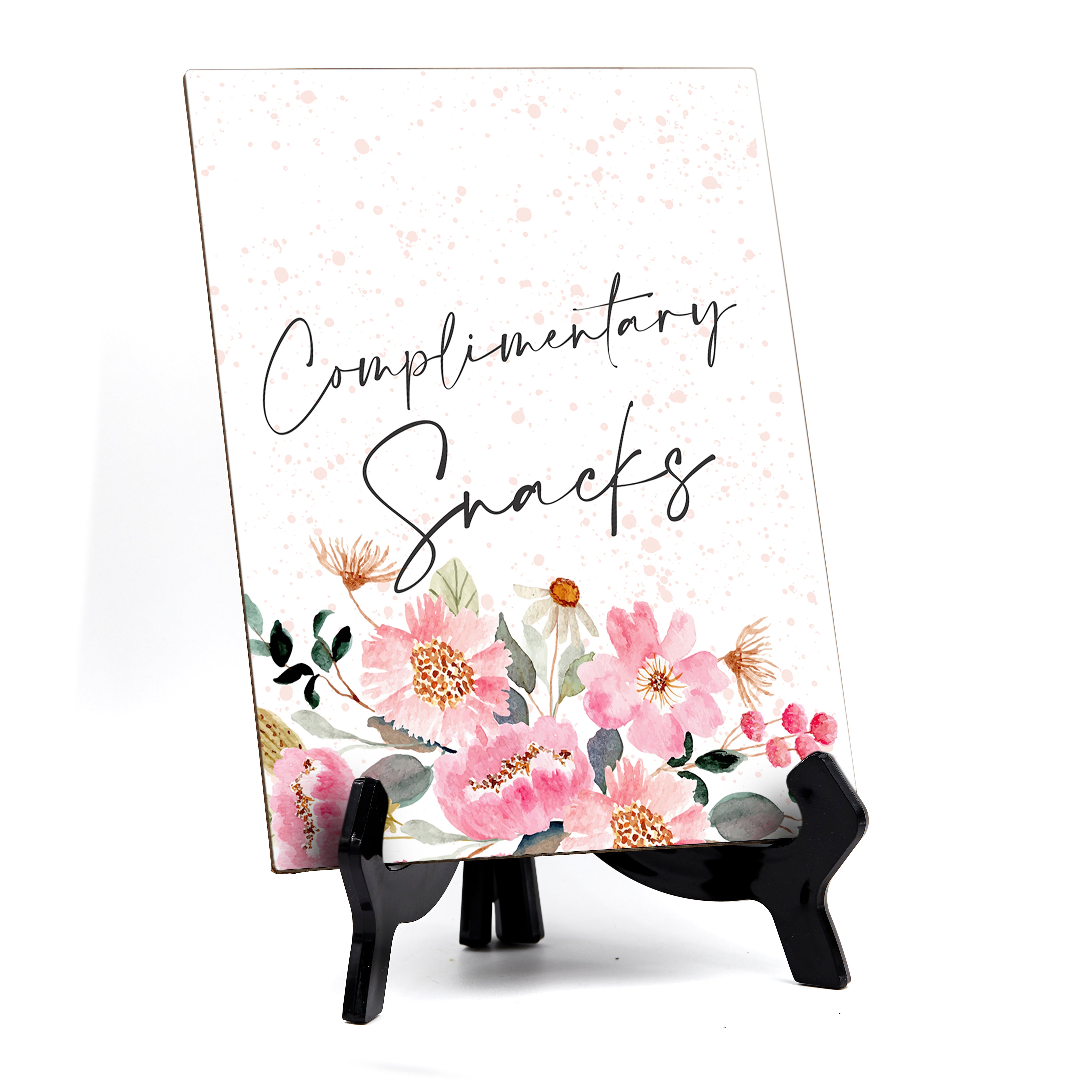 Complimentary Snacks Table Sign with Easel, Floral Watercolor Design (6" x 8")
